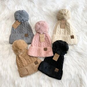 C.C Faux Fur Cuff Pom Beanie for Adults, Winter Hats, Premium Hats, Warm Hats